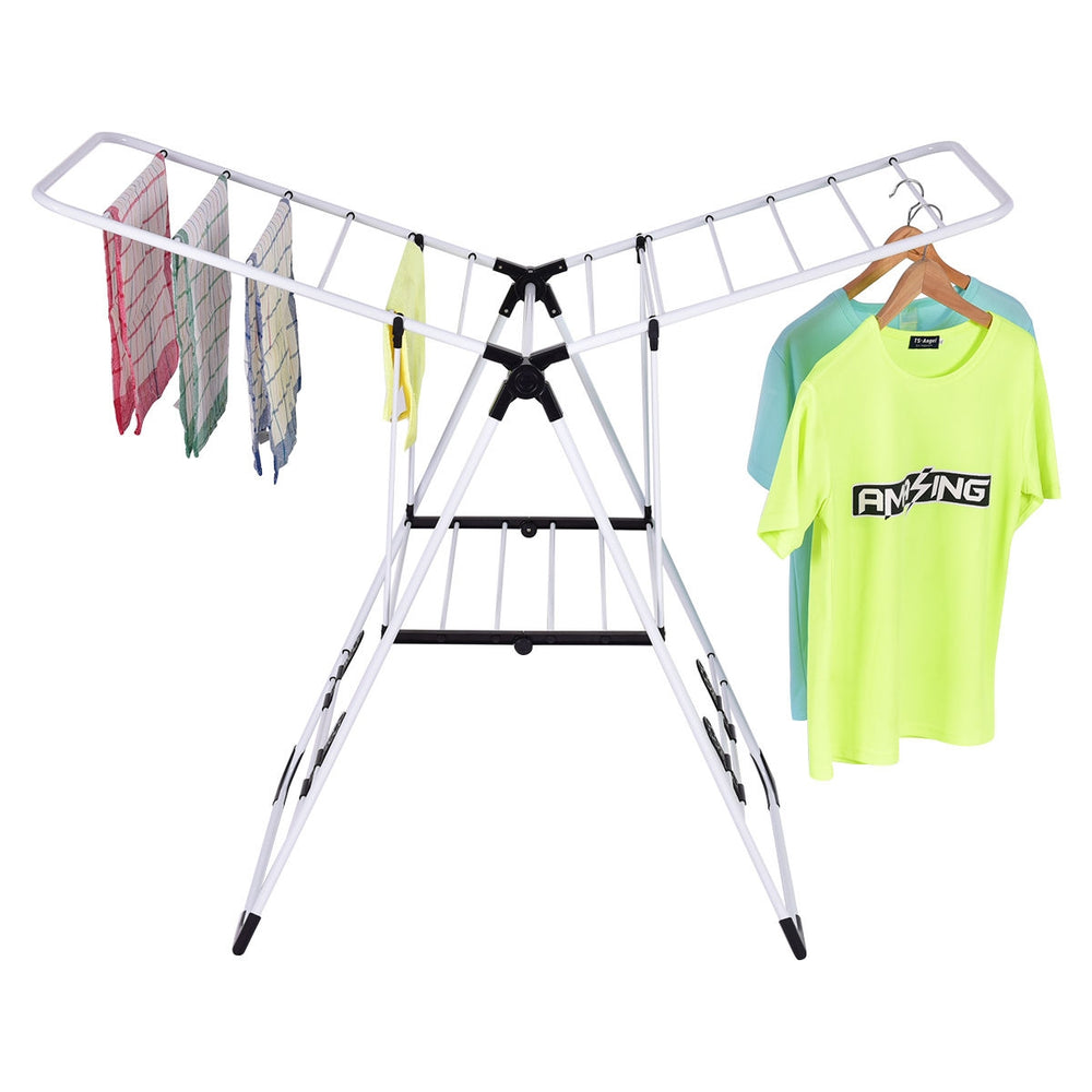 Portable laundry drying rack with adjustable wings, made of rust-proof steel and sturdy plastic, ideal for space-saving.