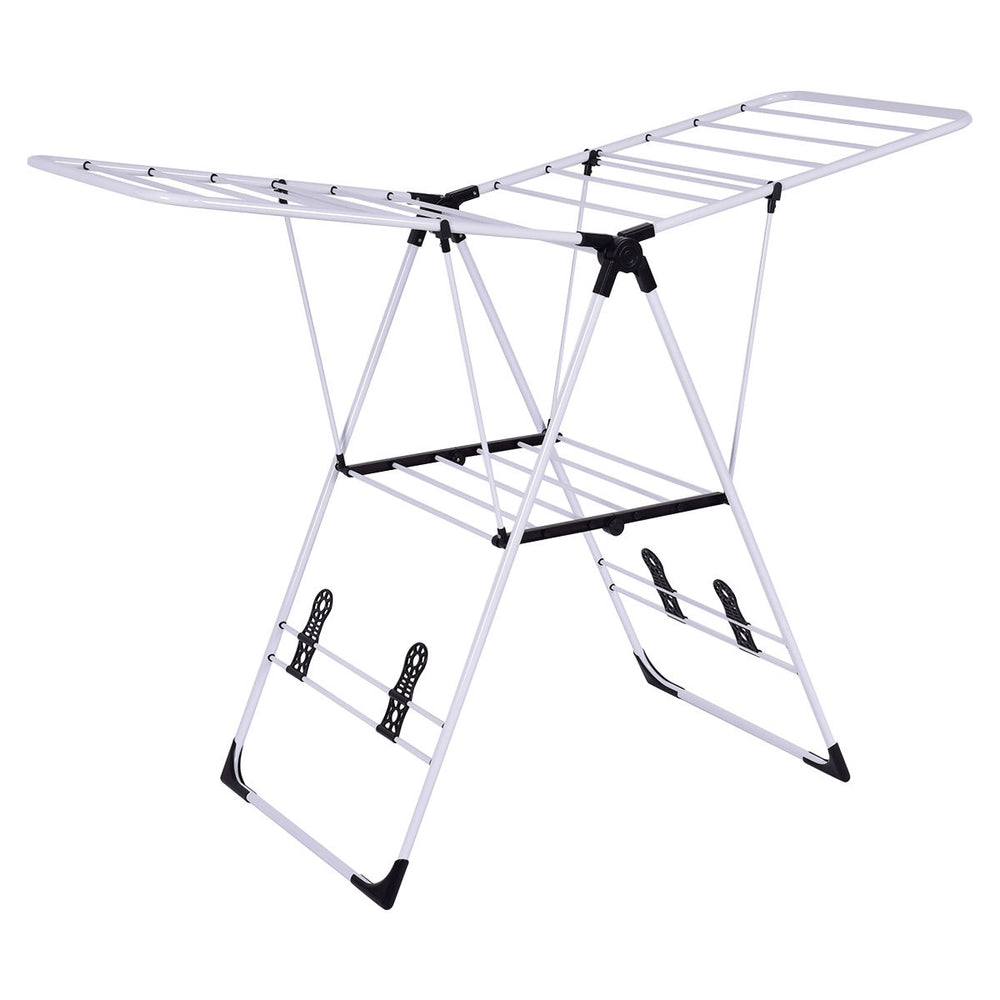 Portable laundry drying rack showcasing its foldable design, featuring two adjustable wings for versatile drying.
