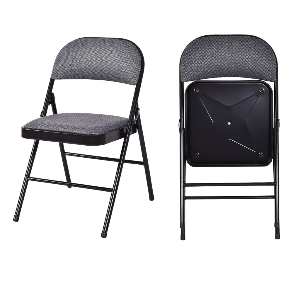 Folding chair set with upholstered seat and fabric backrest, featuring a durable design for easy storage and stability.