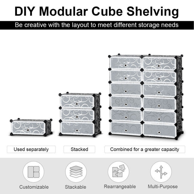 12-cube portable plastic shoe rack in black with transparent doors, customizable and stackable for versatile storage.
