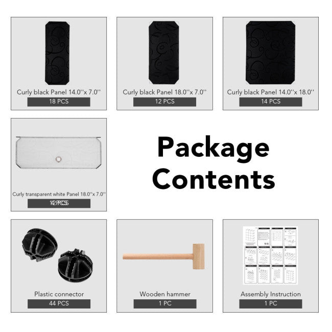 Curly black plastic panels for 12-cube DIY shoe rack, featuring transparent doors and various sizes for versatile.