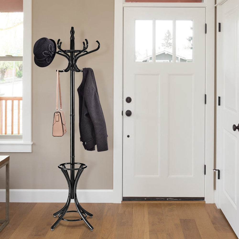 Wood Standing Hat Coat Rack with Umbrella Stand-Black - Gallery View 1 of 10