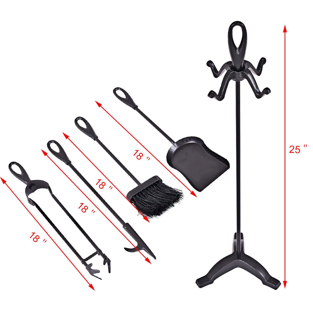 5-piece rustic wrought iron fireplace tools set with a stylish black loop top design, including a shovel, brush, and.