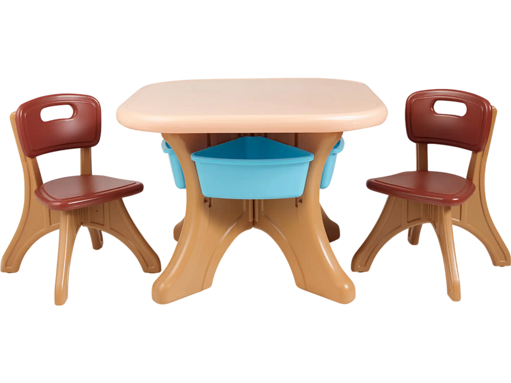 Children's activity table and chair set in coffee color with storage drawers, perfect for arts and crafts or playtime.