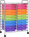 Colorful 20-drawer rolling cart with chrome metal frame, ideal for organizing art supplies and office tools.