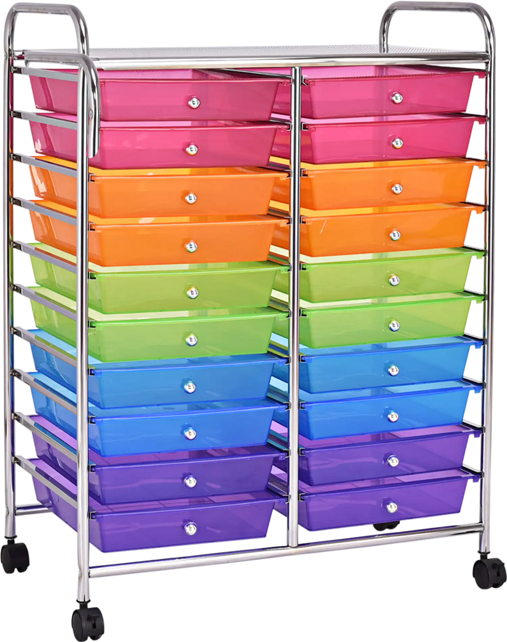 Colorful 20-drawer rolling cart with chrome metal frame, ideal for organizing art supplies and office tools.