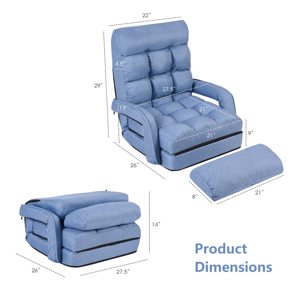 Folding lazy floor chair sofa in blue with armrests, dimensions shown, ideal for living room or dorm use.