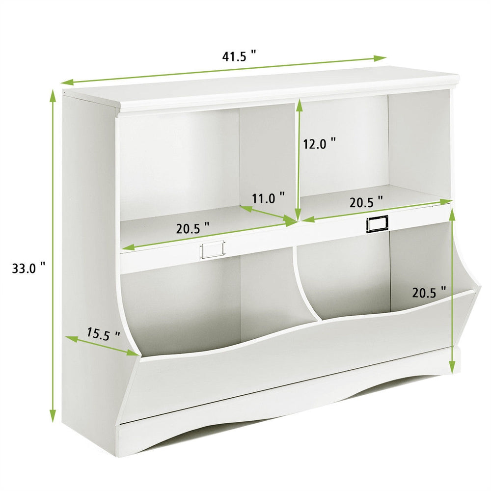 Kids storage unit in white with four divided shelves, ideal for organizing toys and books in children's rooms.