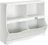 White kids storage unit with four divided shelves, ideal for organizing toys and books in any room.