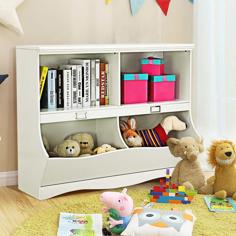 White kids storage unit featuring four divided shelves, perfect for organizing toys and books in a playful room setting.