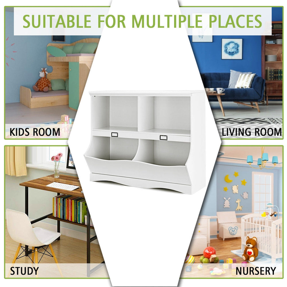 Kids storage unit in white with four divided shelves, ideal for organizing toys and books in various rooms.