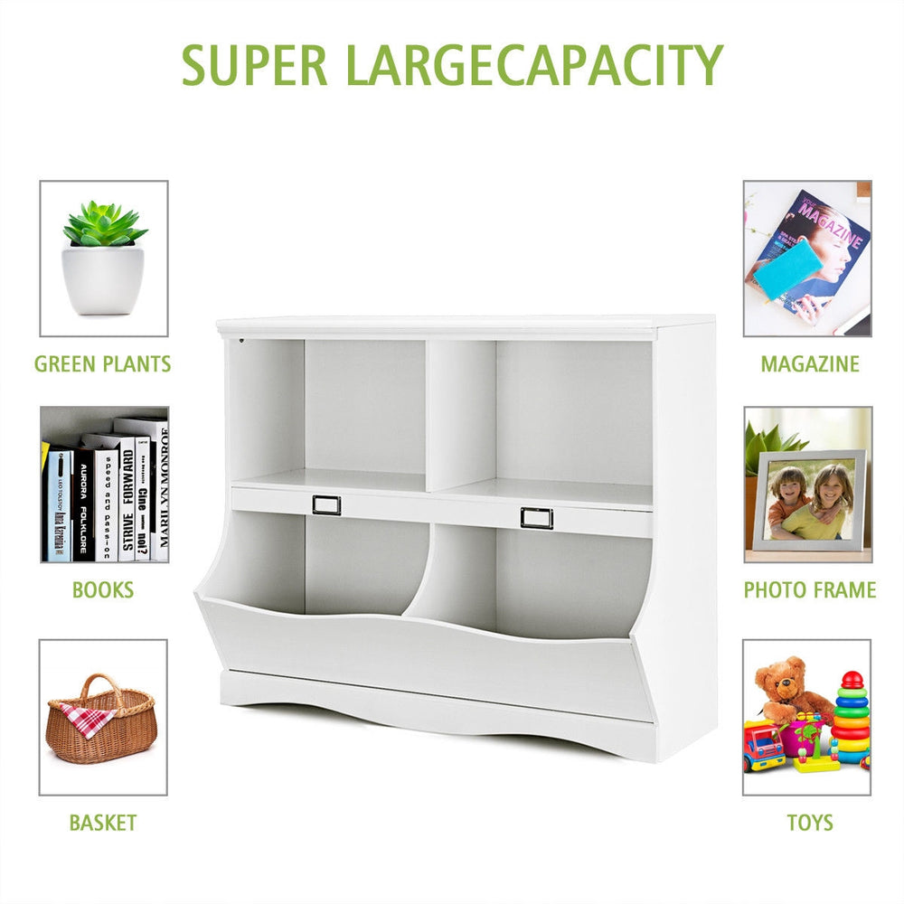 Kids storage unit in white featuring four divided shelves, ideal for organizing toys and books in any room.