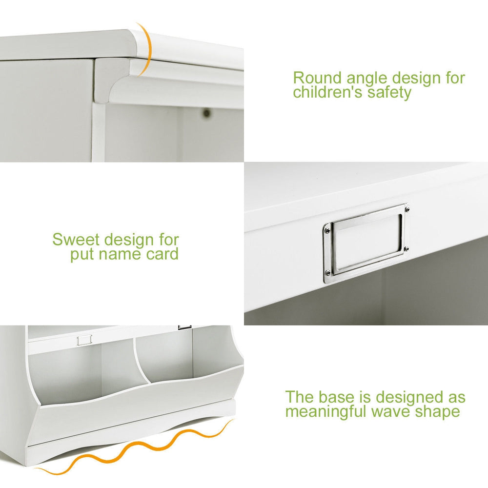 Kids storage unit with round edges, wave-shaped base, and divided shelves for organizing toys and books in white.