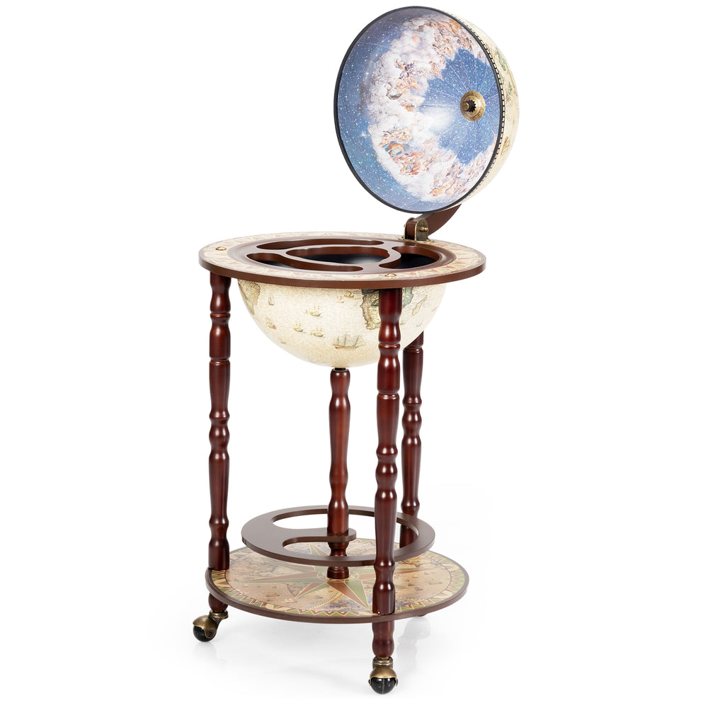 17-inch Italian style wooden globe liquor bottle wine rack with wheels, featuring an old world map and celestial.