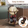17-inch wooden globe liquor rack with old world map design, featuring 360° swivel wheels for easy movement and wine.