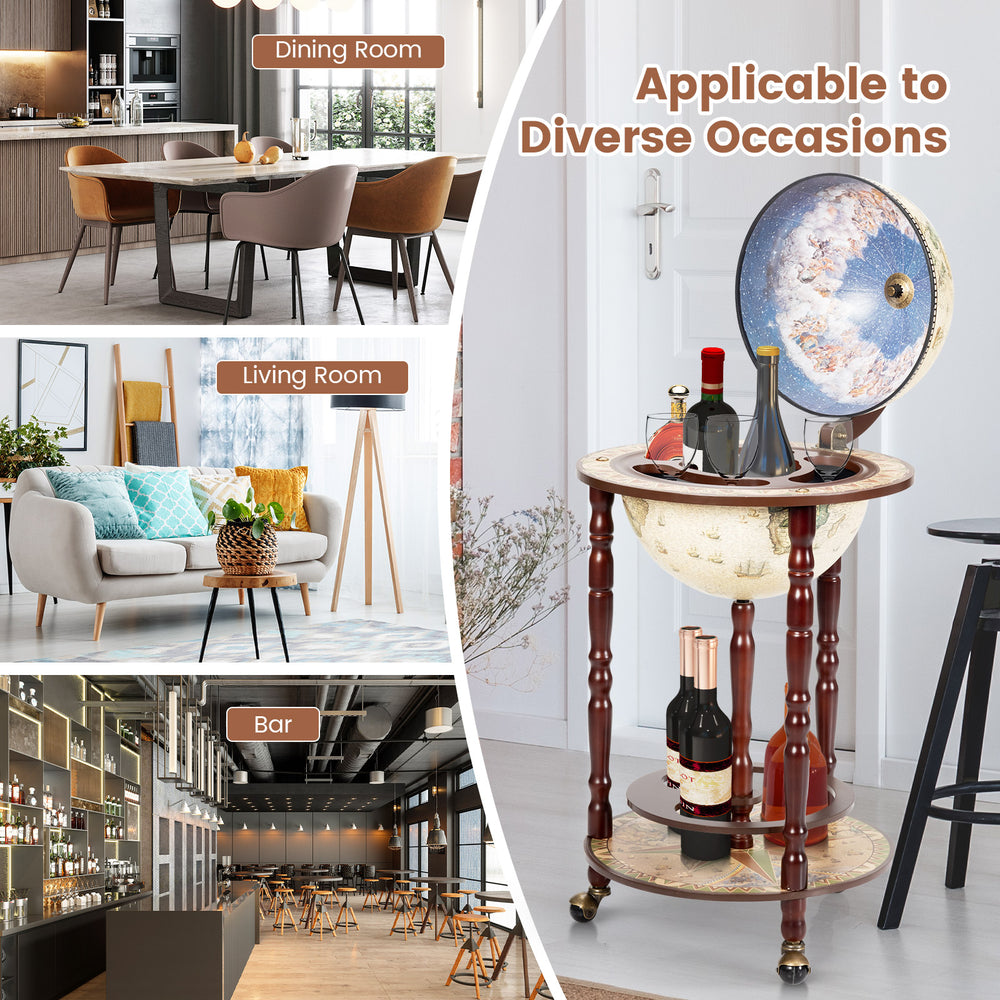 17-inch wooden globe liquor bottle wine rack with wheels, featuring an old world map design for stylish storage.