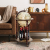 17-inch wooden globe wine rack with wheels, featuring an old world map design and storage for wine bottles.