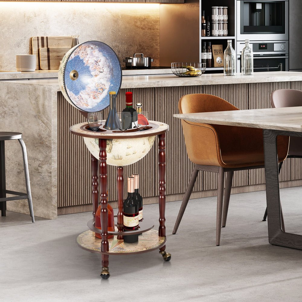 17-inch wooden globe liquor bottle rack with wheels, featuring an old world map design for stylish wine storage.