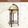 17-inch Italian style wooden globe liquor rack with wheels, featuring an old world map and storage for wine bottles.