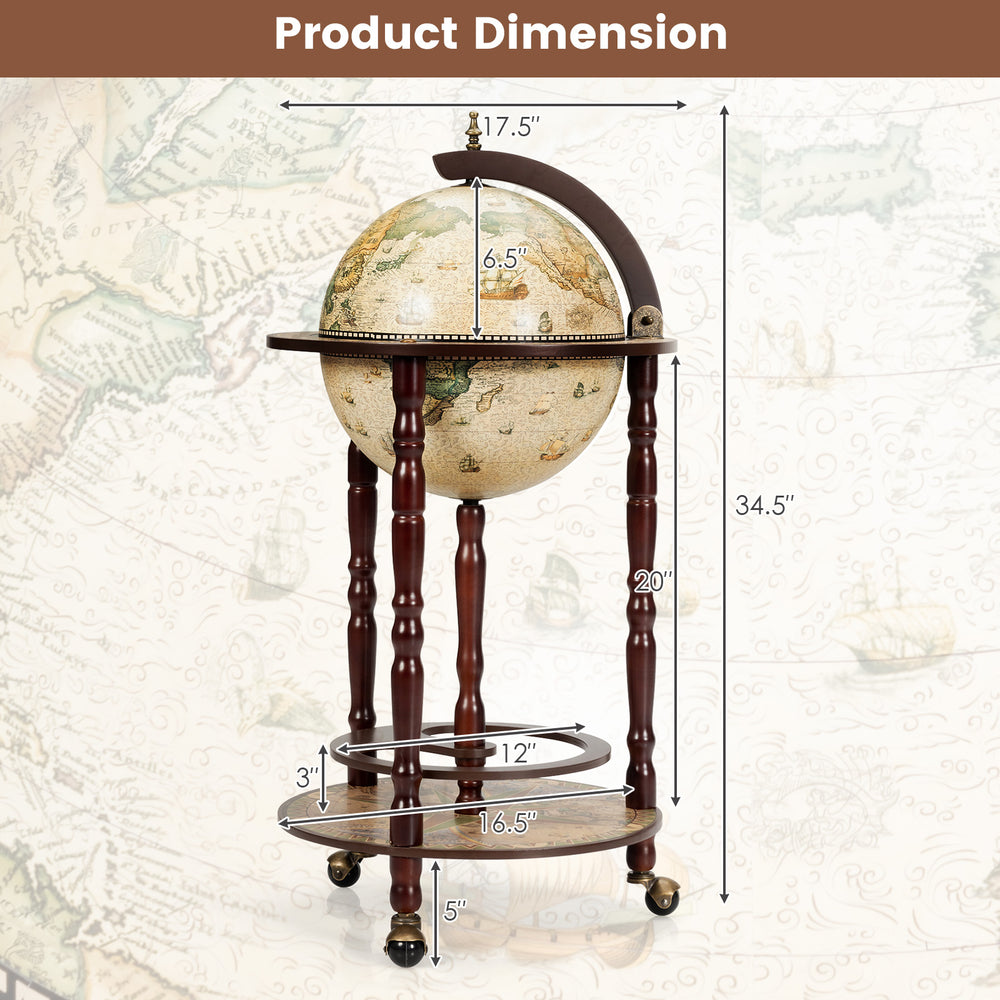 17-inch Italian style wooden globe liquor rack with wheels, featuring an old world map and storage for wine bottles.