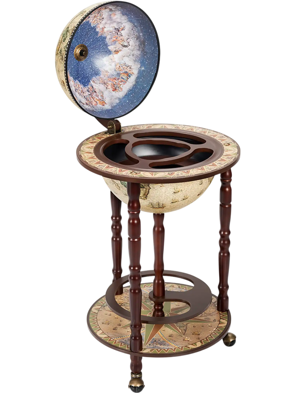 17 Inch Italian Style Design Wooden Globe Liquor Bottle Wine Rack with Wheels