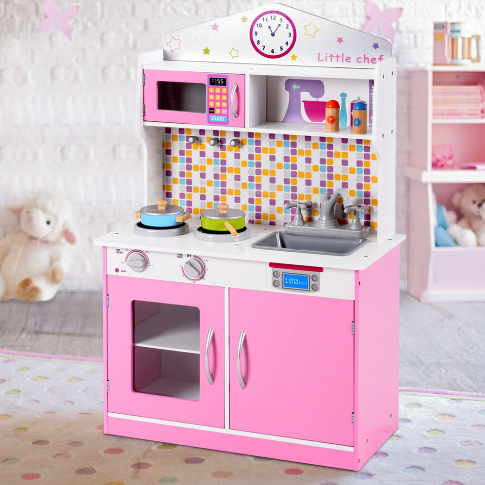 Front view of the Kids Wooden Pretend Cooking Playset in pink, featuring vibrant colors and a realistic design for.