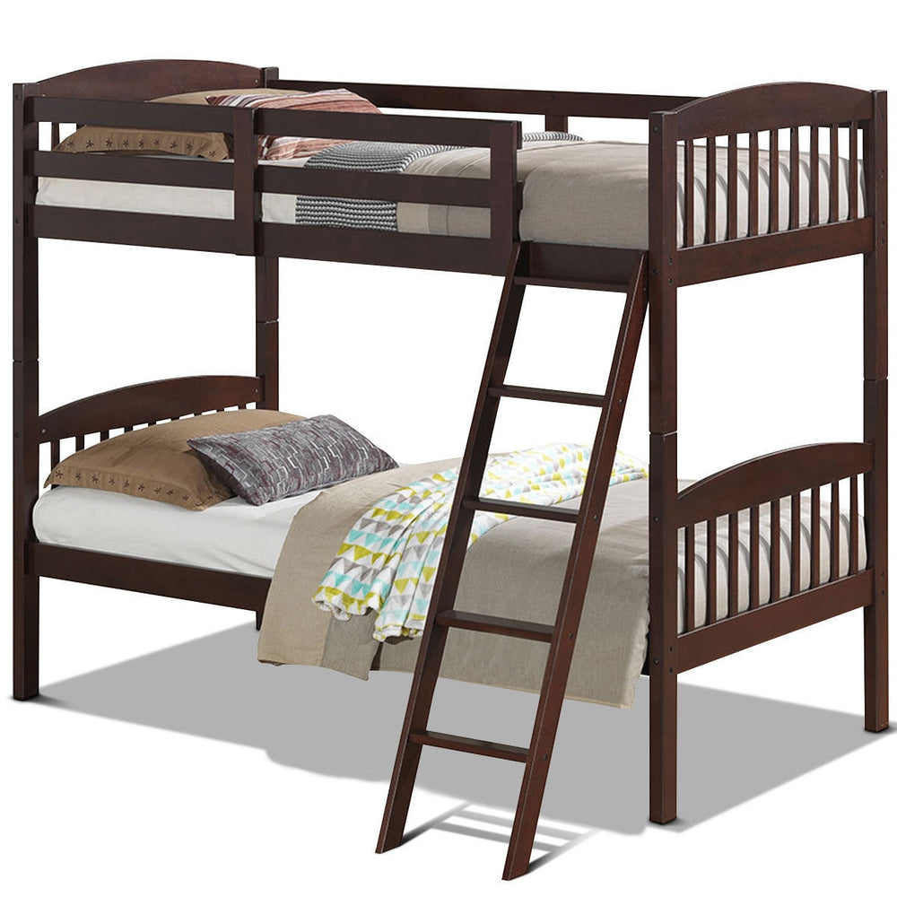 Costway Hardwood Twin Bunk Beds with Inclined Ladder and Safety Guardrails New
