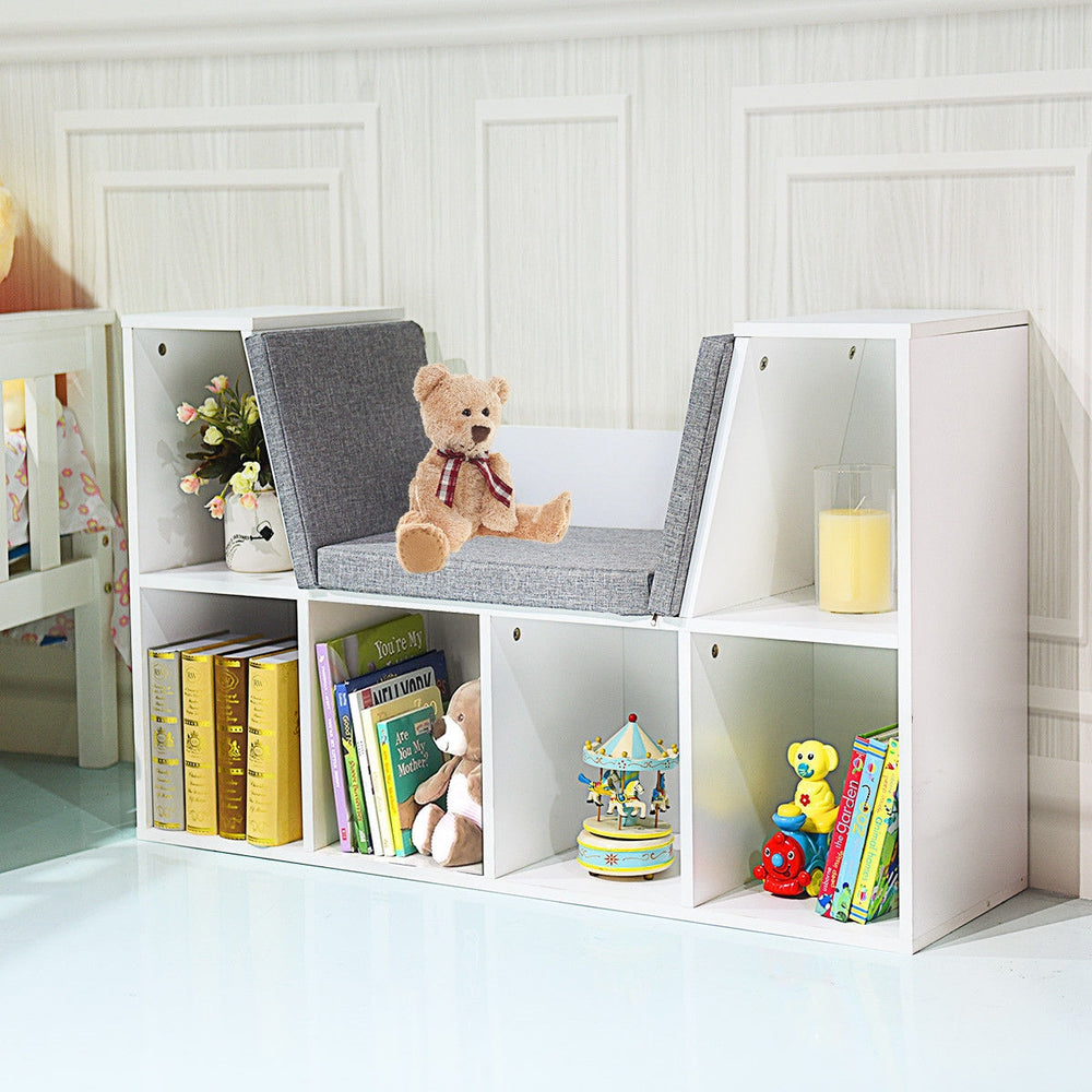 6-Cubby Kid Storage Bookcase Cushioned Reading Nook-White - Gallery View 1 of 12