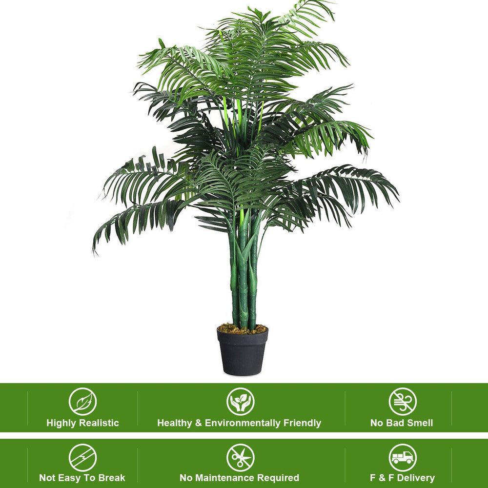 3.5 feet artificial Areca palm tree in a black pot, featuring realistic leaves and requiring no maintenance, ideal for.