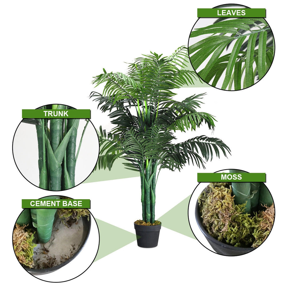 3.5 feet artificial Areca palm tree with realistic leaves, cement base, and moss, ideal for home or office decor.