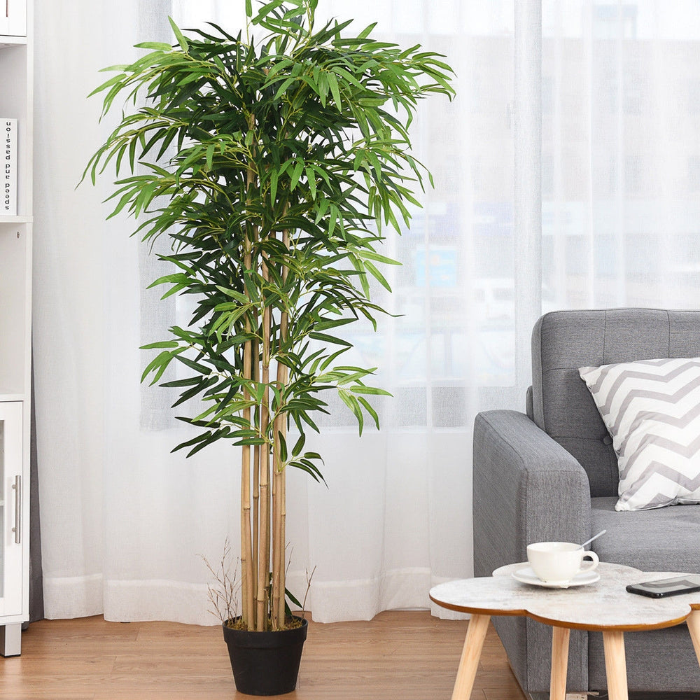 5-foot artificial bamboo silk tree in a black pot, perfect for indoor or outdoor decoration, requires no maintenance.