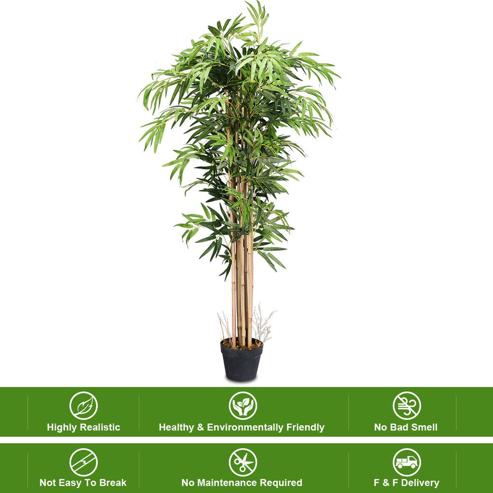 5-foot artificial bamboo silk tree with realistic leaves in a black pot, perfect for indoor or outdoor decoration.