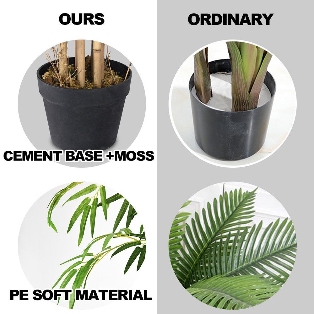 Close-up of the 5-foot artificial bamboo silk tree with a cement base and moss in a black plastic pot for.