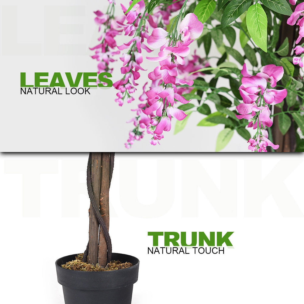 Close-up of the 6-feet artificial wisteria tree showcasing vibrant pink leaves and a natural-looking trunk, perfect for.