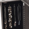 Jewelry cabinet storage organizer in gray with hooks for necklaces, featuring spacious drawers and a top mirror for.