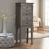 Standing jewelry cabinet in gray with five drawers and side swing doors, perfect for organized accessory storage.