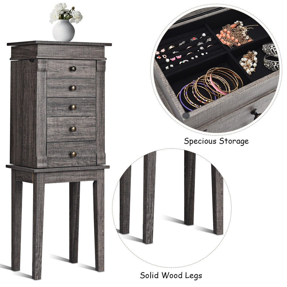 Standing jewelry cabinet in gray with 5 drawers and solid wood legs, offering spacious storage for accessories.