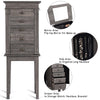 Standing jewelry cabinet in gray with 5 drawers, side doors, and flip mirror for organized jewelry storage.