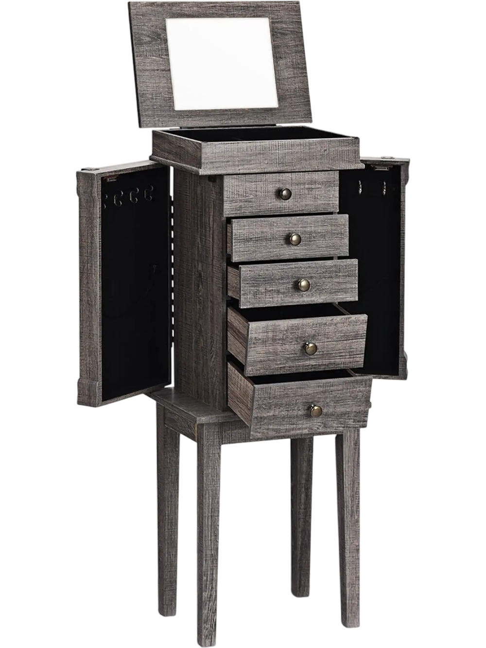 Standing jewelry cabinet in gray with five drawers, side doors, and a flip mirror for organized storage and elegant.