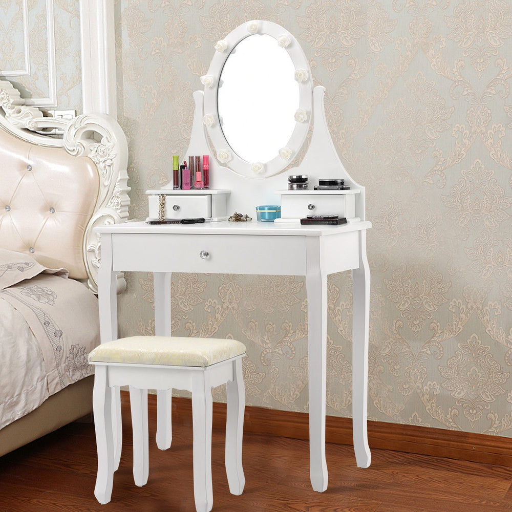 3 Drawers Lighted Mirror Vanity Dressing Table Stool Set-White - Gallery View 1 of 10