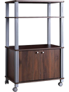 Microwave rack stand with walnut finish, featuring 3 shelves and a 2-door cabinet on caster wheels for easy mobility.