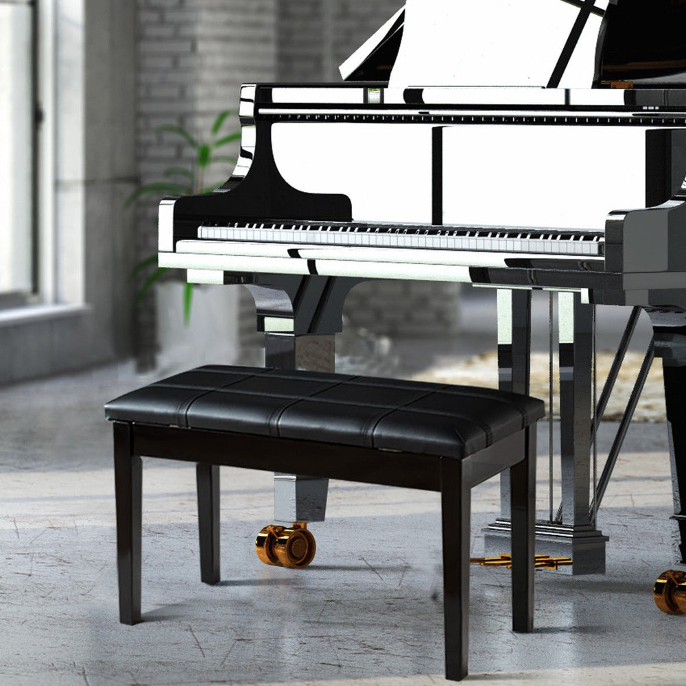 Solid Wood PU Leather Piano Double Duet Keyboard Bench-Black - Gallery View 1 of 9
