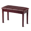 Brown PU leather piano bench with solid wood construction, padded seat, and storage compartment for sheet music.