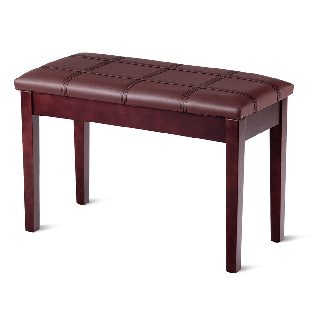 Brown PU leather piano bench with solid wood construction, padded seat, and storage compartment for sheet music.