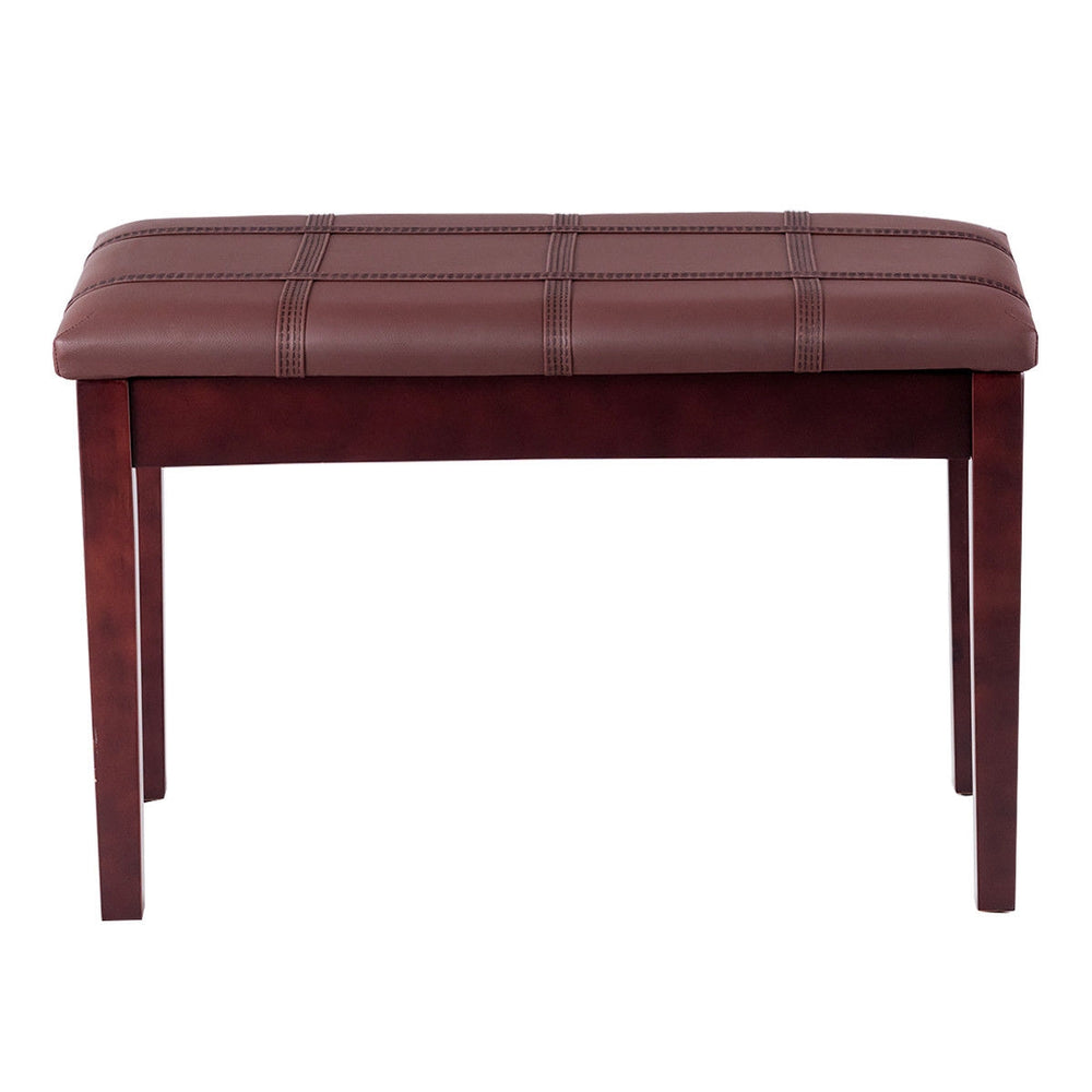 Front view of the brown PU leather piano bench, showcasing its padded seat and solid wood frame for two-person seating.