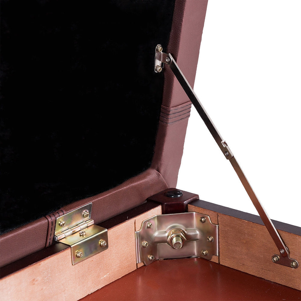 Close-up of the hinge mechanism on the Solid Wood PU Leather Piano Bench, featuring sturdy construction and.