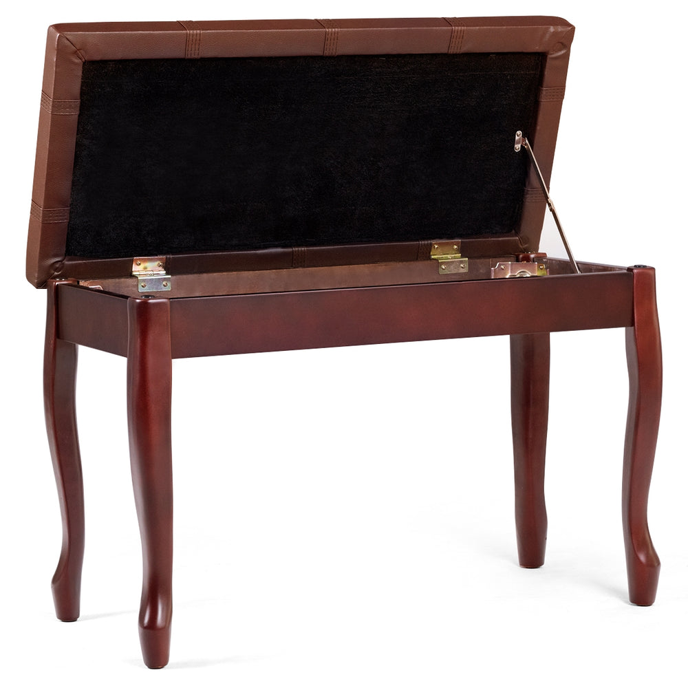 Solid wood piano bench with storage in brown, featuring PU leather upholstery and elegant curved legs for comfortable.