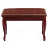 Brown PU leather piano bench with solid wood legs, featuring storage compartment and anti-slip feet pads for stability.