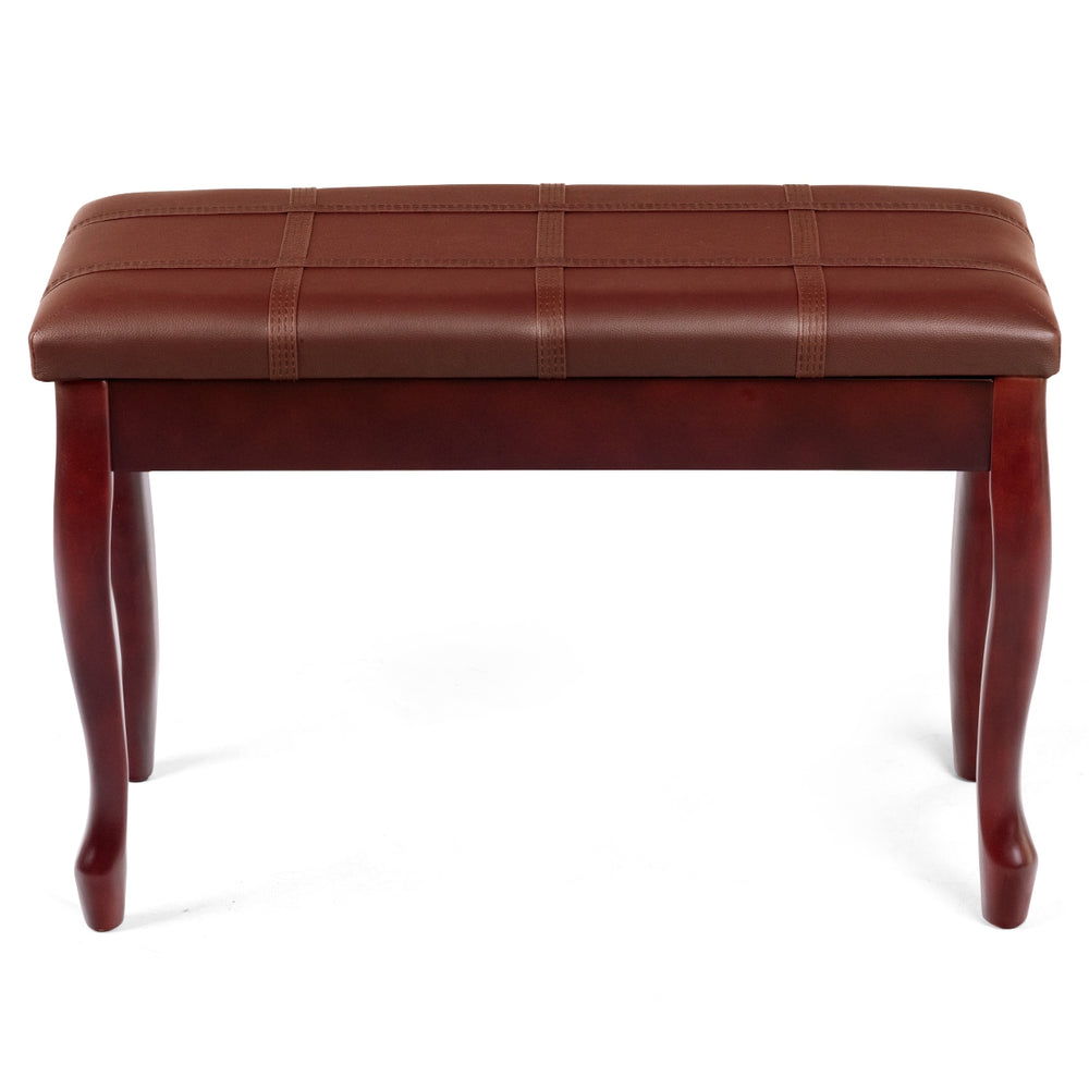 Brown PU leather piano bench with solid wood legs, featuring storage compartment and anti-slip feet pads for stability.