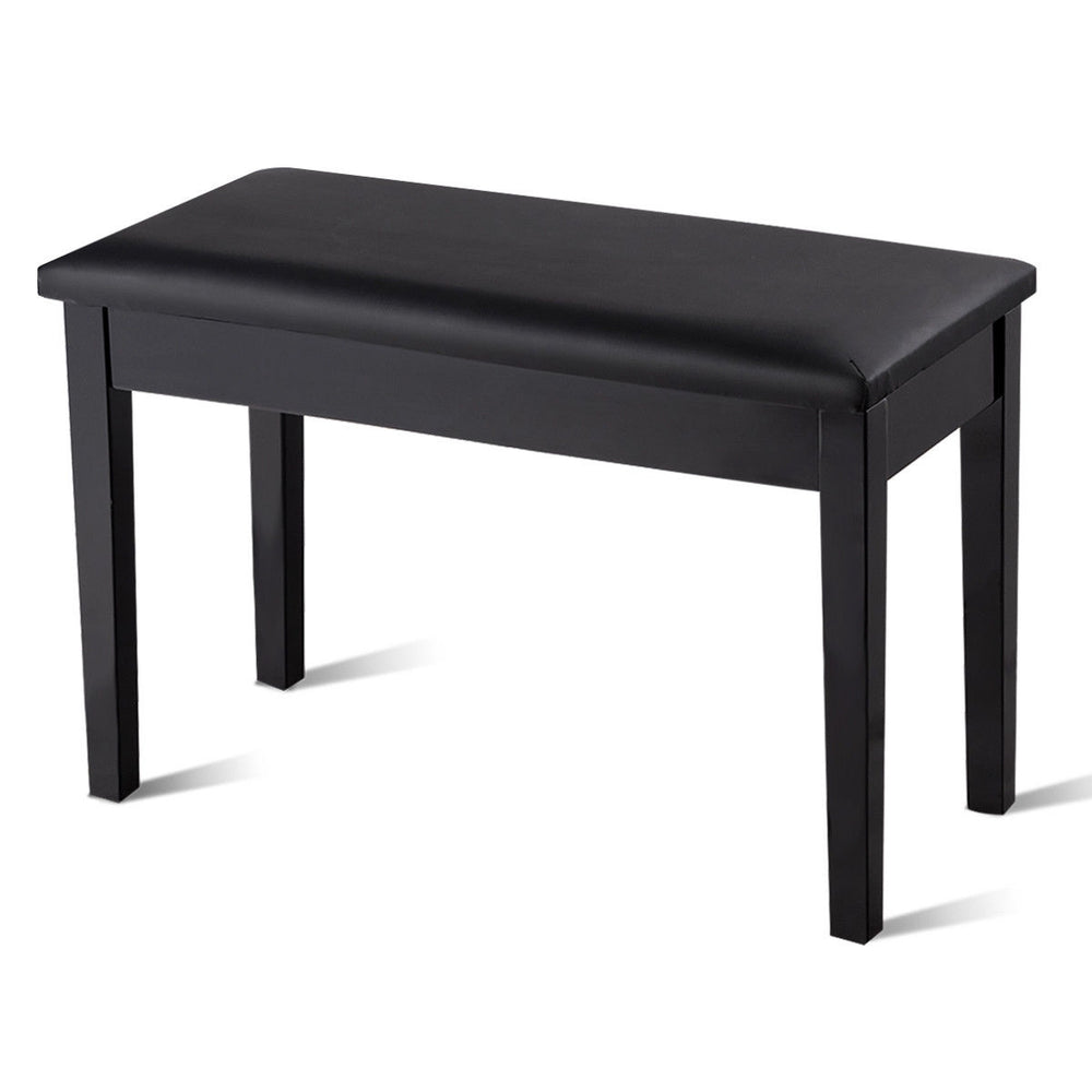 Black solid wood piano bench with a sleek design, featuring a padded seat and foot pads to protect floors from.
